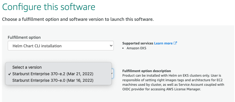 Amazon EKS Starburst Enterprise - Configure Software screenshot