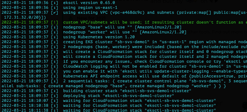 An eksctl job run on the command line screenshot