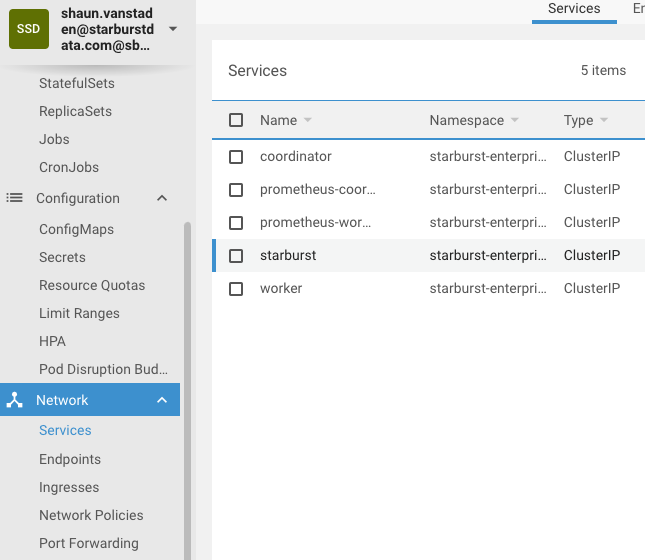 The Starburst service running in Kubernetes