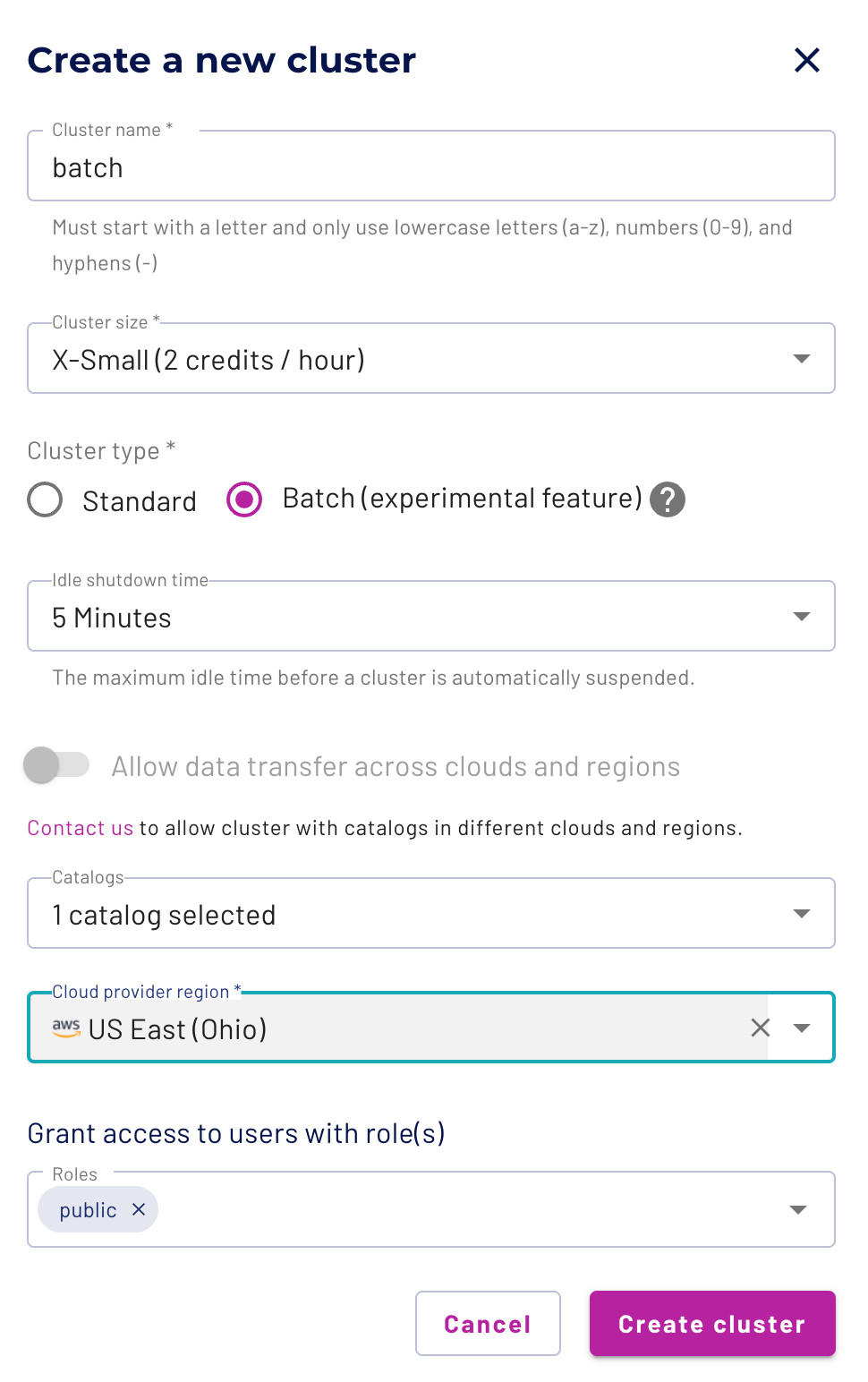 Create a new Batch Cluster - Starburst Screenshot