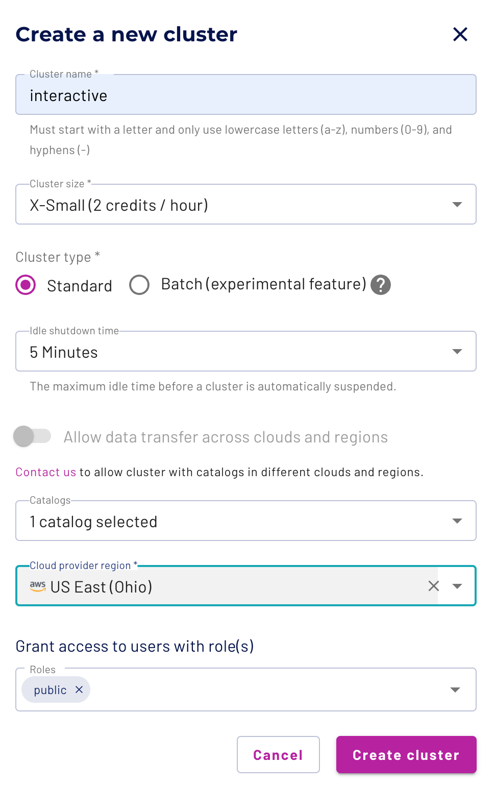 Create New Cluster - Starburst Screenshot