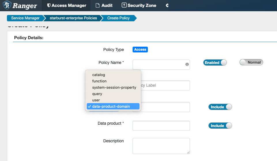 <em>Example of an access policy in Ranger Access Manager for a Starburst Enterprise data product</em>