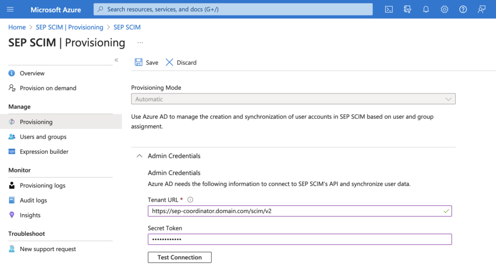 Azure Active Directory SCIM provisioning configuration to SEP