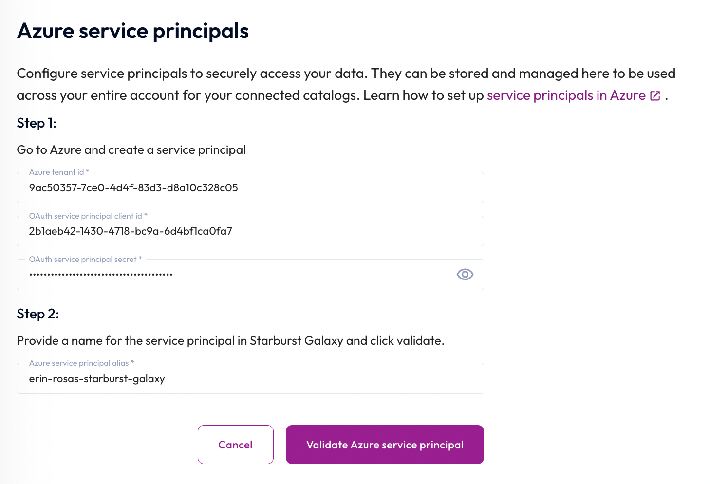 Configure Azure Service Principal authentication Starburst